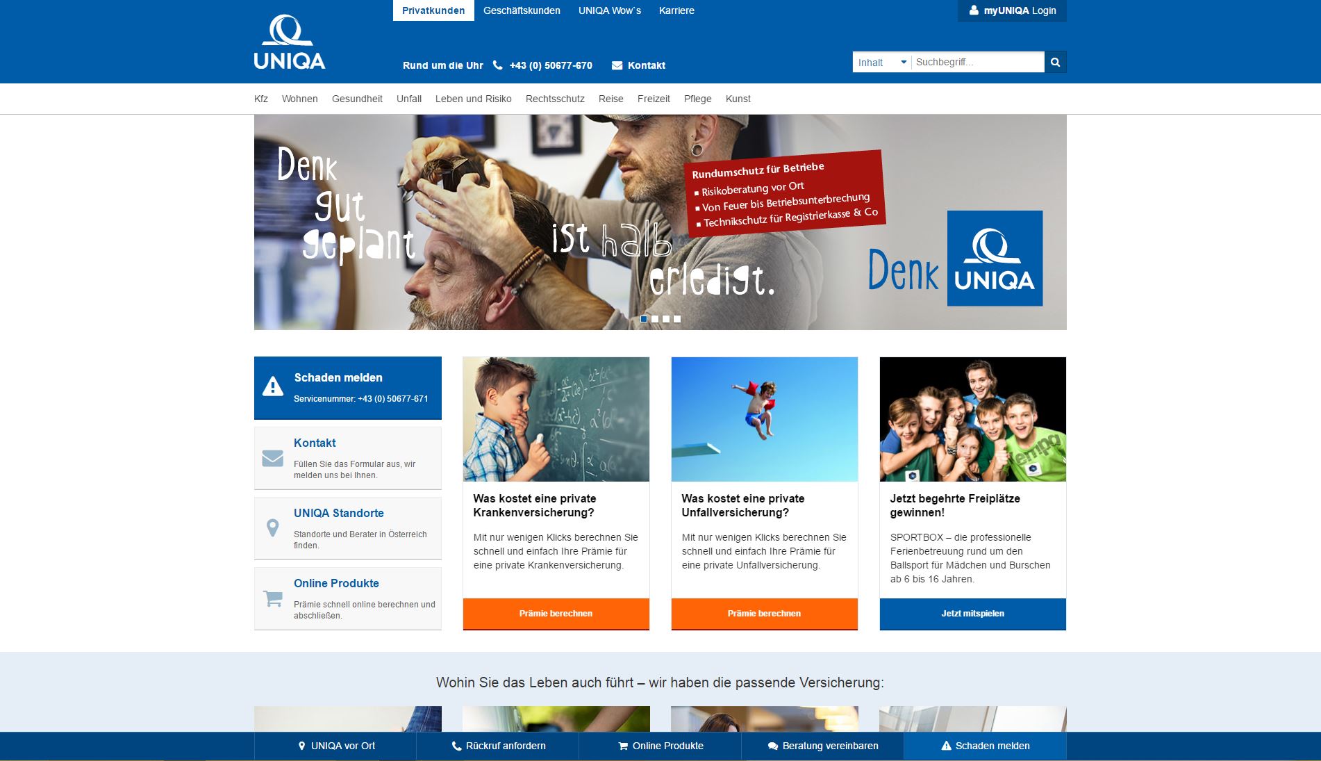 Screenshot der Website der UNIQA Versicherung